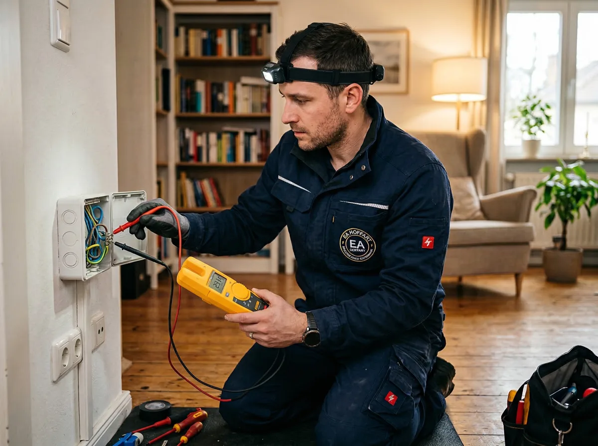Elektriker prüft mit Messgerät eine Verteilung